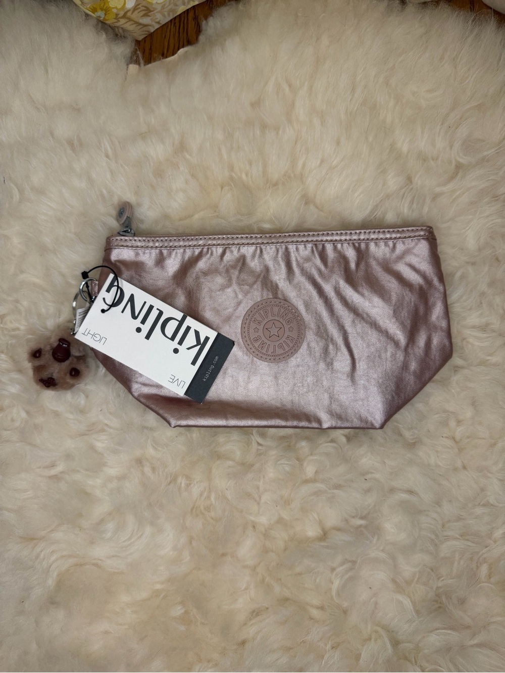 Kipling Metallic Rose Gold Cosmetic Pouch with Logo Charm